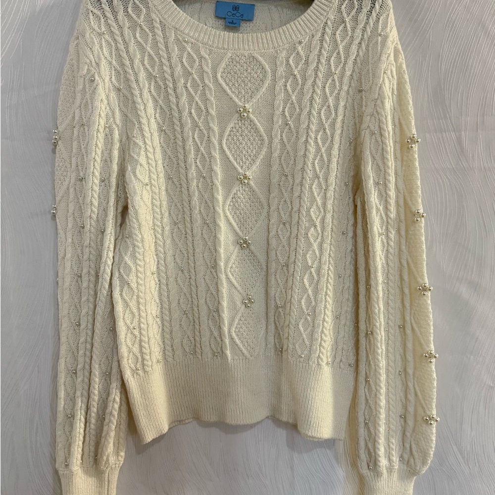 CeCe Pearl Embellished Cable Knit Sweater Small Ivory Coquette Winter Cottage